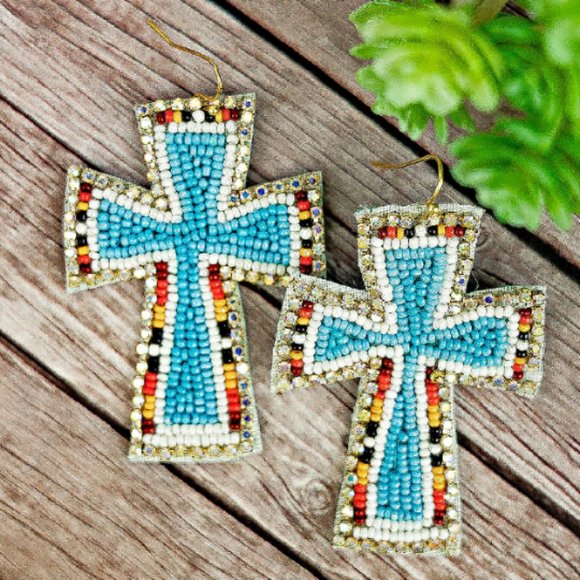 Turquoise Rhinestone Seed Beaded Cross Easter Religious Western Gift Earrings - Picture 2 of 3